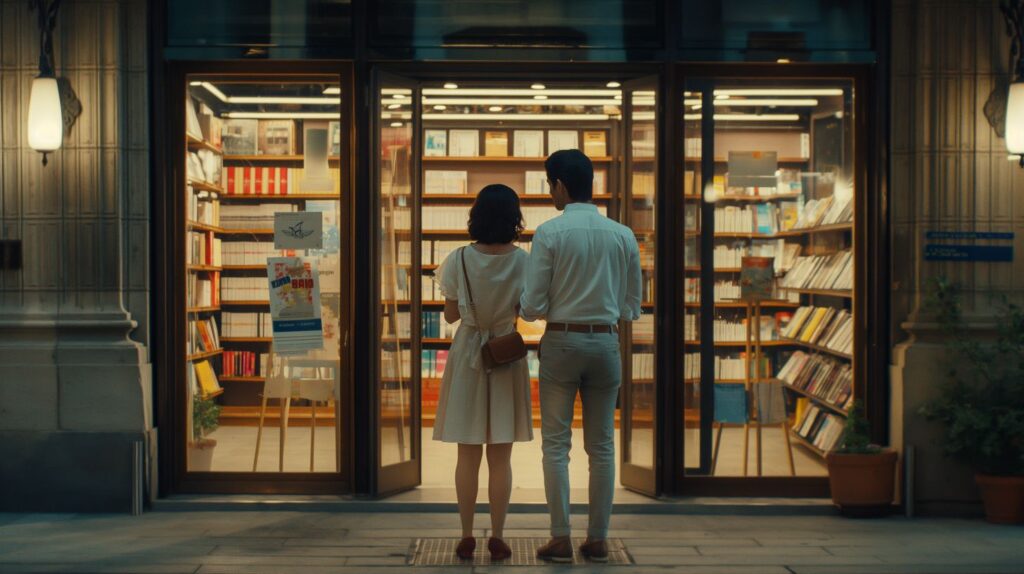 Мужчина и женщина около книжного магазина